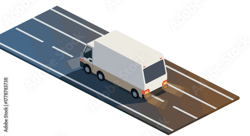 Isometric delivery truck on road at dusk with soft shadows and highlights