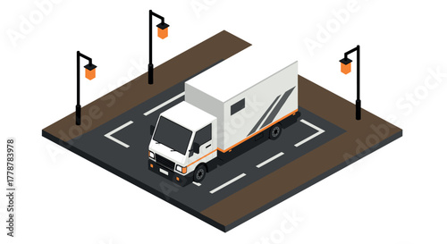 Isometric delivery truck on road with street lamps