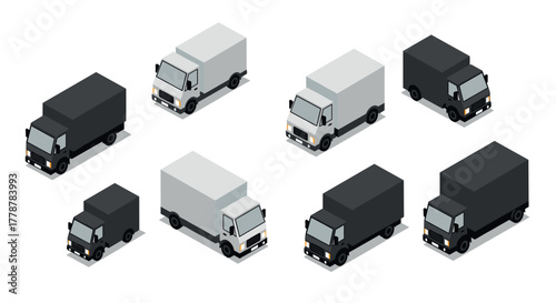 Isometric delivery trucks in black and white set on white background