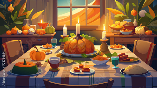Very beautiful semi-realistic Thanksgiving dinner table with roasted turkey, pumpkins, corn, candles, and autumn leaves under warm light, cozy festive atmosphere, detailed holiday composition.