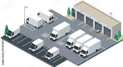 Fleet of delivery trucks at modern distribution center with loading docks in isometric 3d design