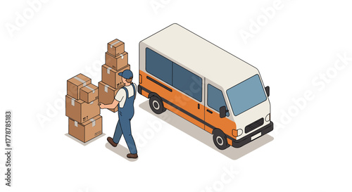 Delivery worker organizing packages next to orange white van in isometric style