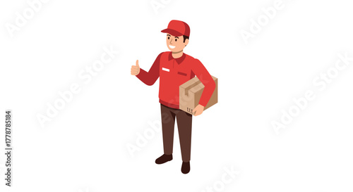 Courier giving thumbs up with parcel in red uniform isometric style