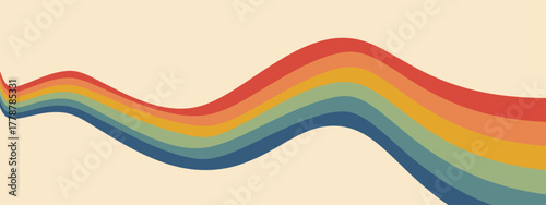 Rainbow retro poster stripes background with groovy flowing waves. Abstract vintage graphic features curvy, undulating bands in warm and cool hues across beige wallpaper. Vector pattern