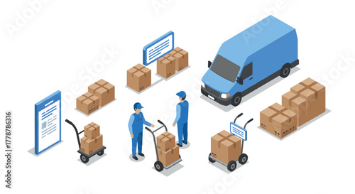 Isometric delivery process with packages, workers, and van