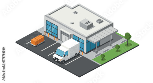 Modern isometric warehouse with parking and delivery truck