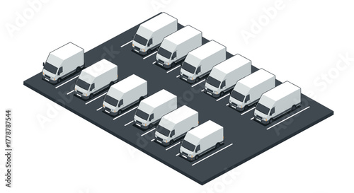 Fleet of delivery vans in isometric parking lot