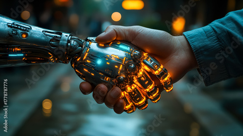 A man engages in a handshake with an AI robot, representing collaboration and the promise of future advancements in technology