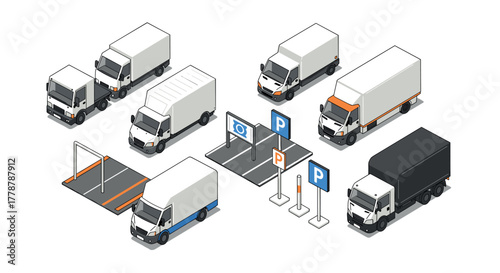 Isometric delivery trucks and parking icons set for logistics design