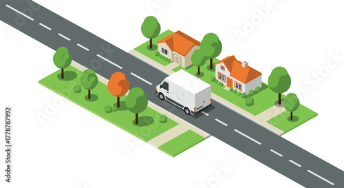 Isometric suburban neighborhood with delivery van on road