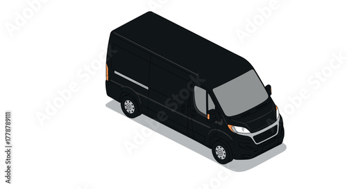 Modern black cargo van in isometric style on white background