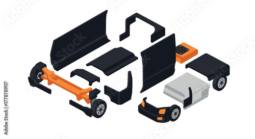 Isometric car parts diagram with exploded view for mechanical design