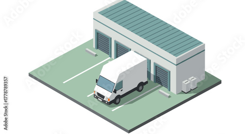 Isometric warehouse building with delivery truck on parking lot