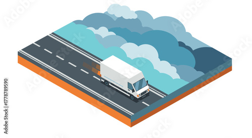 Isometric delivery truck on highway with dramatic cloudscape