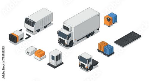 Isometric delivery truck fleet with interchangeable cargo containers and refrigeration units
