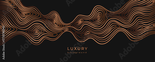Banner background with wavy copper lines. Bronze flowing linear liquid. Luxury texture. Curved pattern. Abstract geometric dynamical rippled surface