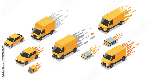 Isometric yellow delivery vehicles and packages racing in motion