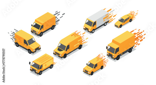 Dynamic isometric fast moving delivery vehicles in various styles on white background
