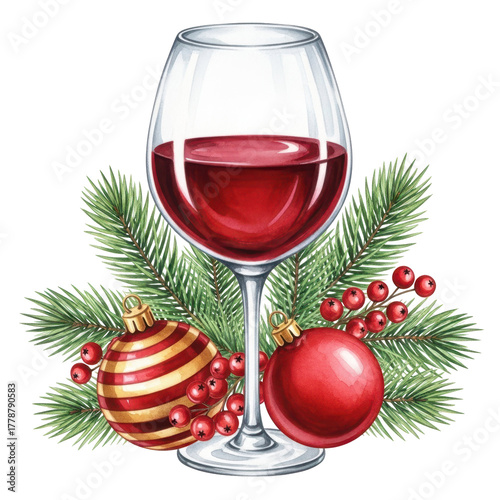 Festive watercolor illustration of red wine in a glass with Christmas ornaments