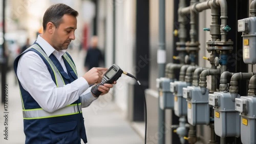 Caucasian man gas technician inspects and works with measurement device on gas meter infrastructure footage