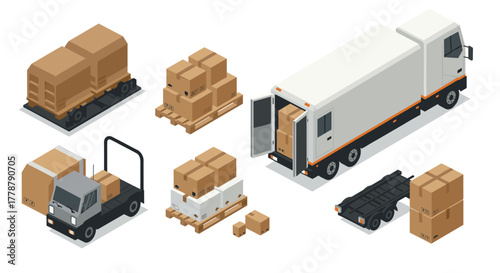 Isometric trucks and pallets with cardboard boxes for logistic and transport themes