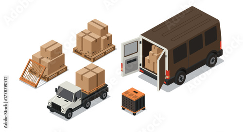 Isometric delivery elements with van and crates for logistic design