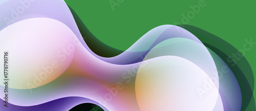 Abstract fluid shapes overlap, creating soft color transitions. Green background provides contrast. Smooth curves suggest movement, energy.