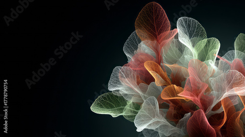 Serene glowing abstract plant with ethereal colorful light on black background. beautiful and mysterious piece of digital nature art