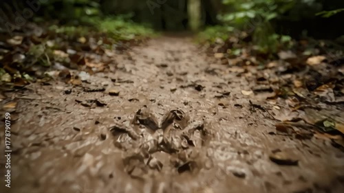 Camera Glides Through Muddy Path With Animal Paw Prints in Forest