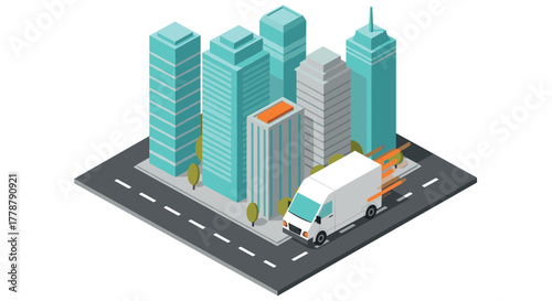 Modern urban delivery concept with a futuristic van in a cityscape