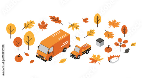 Isometric autumn delivery scene with trucks and falling leaves
