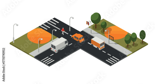 Urban intersection with vehicles and pedestrian in isometric style
