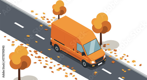 Isometric autumn delivery van on leafy road with orange trees
