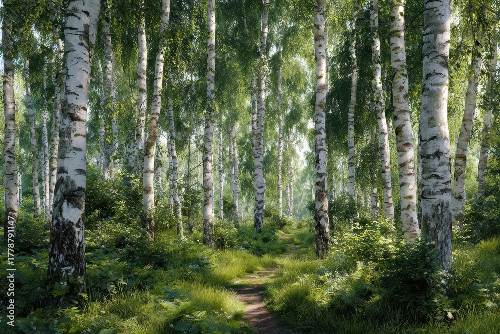 Fototapeta premium Birch tree forest in summer showcasing lush greenery and a winding path, inviting exploration and tranquility amid natural beauty
