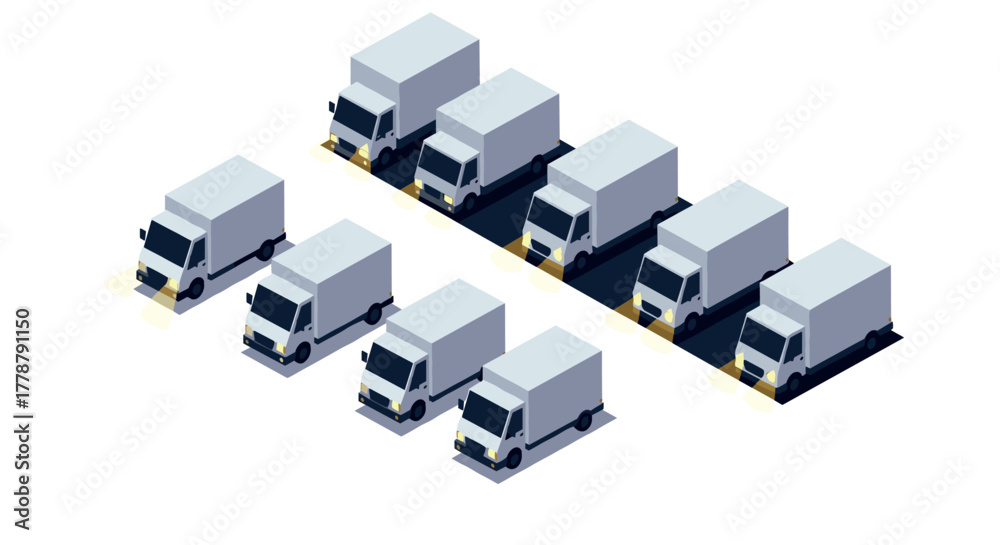 Fototapeta premium Isometric delivery trucks fleet in uniform arrangement