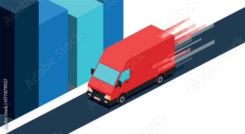 Isometric fast red delivery van on city street with motion effects