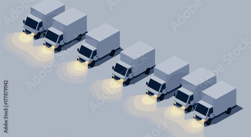 Isometric delivery trucks fleet of eight vans with headlights on in uniform alignment
