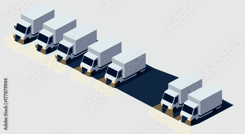 Isometric delivery trucks fleet in perspective view with shadows