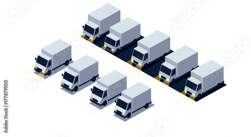 Isometric delivery trucks fleet in uniform arrangement