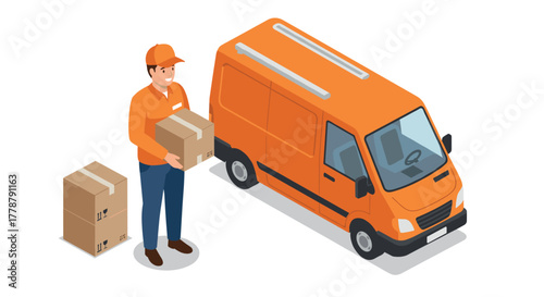 Delivery worker with boxes and van isometric style