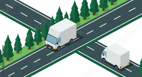 Isometric delivery trucks on forest roads with pine trees and white vans