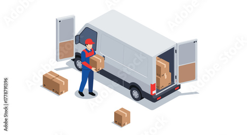 Isometric delivery service scene with worker and boxes in van