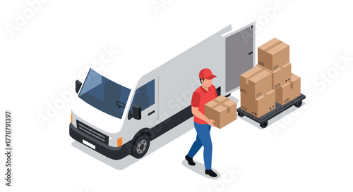 Delivery worker unloading boxes from truck in isometric design for ecommerce and logistics