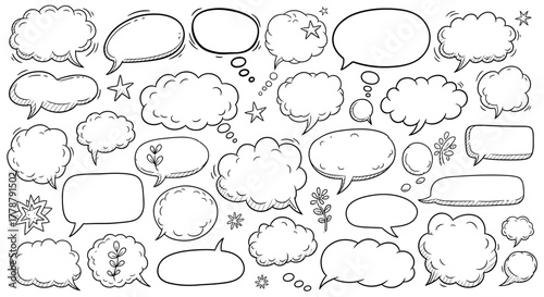 Collection of hand drawn speech bubbles and thought clouds with sketchy details and decorative elements