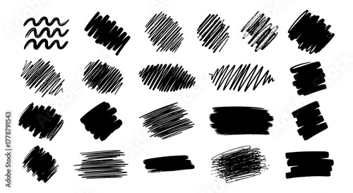Collection of diverse black ink brush stroke textures and scribbles on white background