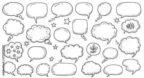 Collection of hand drawn speech bubbles and thought clouds in sketchy doodle style