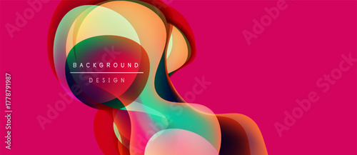 Abstract colorful shapes overlap, creating dynamic visual effect. Pink background enhances vibrant hues, modern design element.