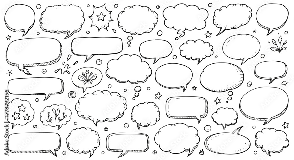 Fototapeta premium Hand drawn collection of various speech bubbles and thought clouds with decorative elements