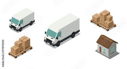 Isometric delivery and logistics elements featuring trucks, packages, pallets, and warehouse