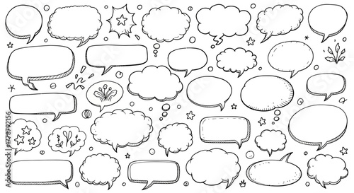 Hand drawn collection of various speech bubbles and thought clouds with decorative elements